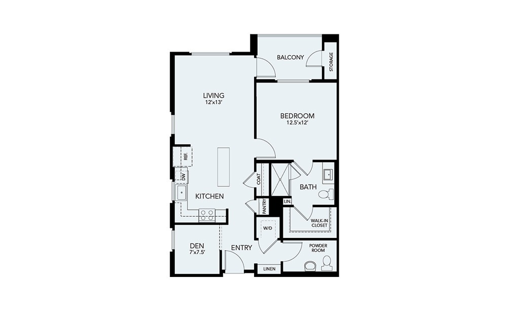 A3 - 1 bedroom floorplan layout with 1.5 bath and 893 square feet.