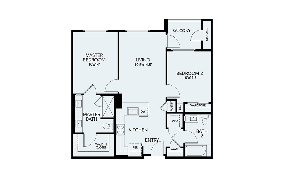 B2 - 2 bedroom floorplan layout with 2 baths and 962 square feet.