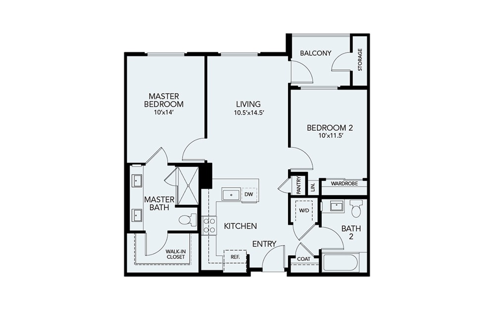 B2 - 2 bedroom floorplan layout with 2 bathrooms and 962 square feet